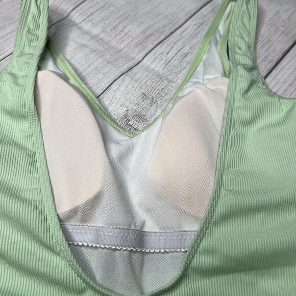 Zaful Sage Green Crinkle Ribbed One Piece Deep Scoop Neck One Piece Swimsuit S - Picture 7 of 8